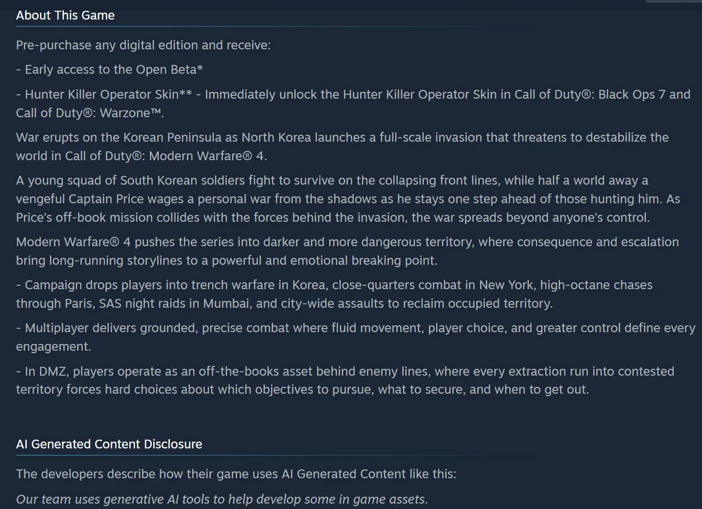 Steam 页面确认:《使命召唤:现代战争 4》存在生成式 AI 制作的内容