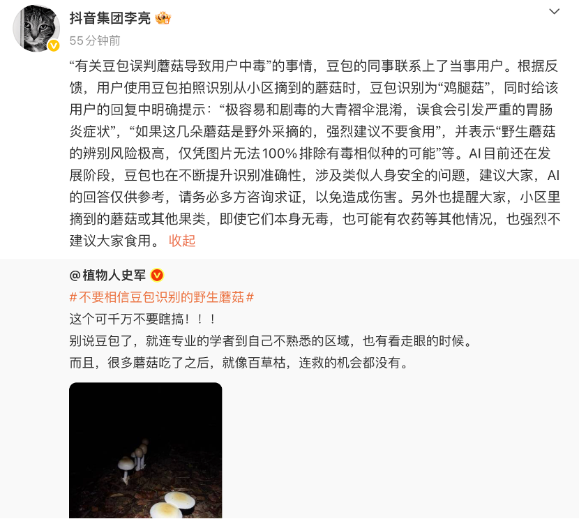 豆包误判蘑菇导致用户中毒 抖音副总裁回应