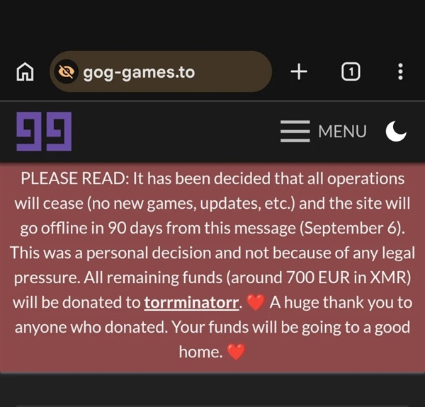 盗版游戏网站GOG-Games宣布90天后关闭：资金捐出