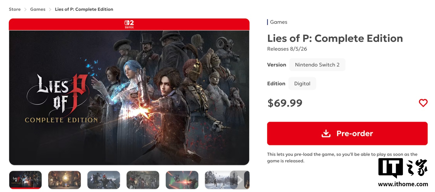 《匹诺曹的谎言: 完全版》8 月 6 日登陆任天堂 Switch 2，收录游戏本体与 DLC“序曲”，69.99 美元 