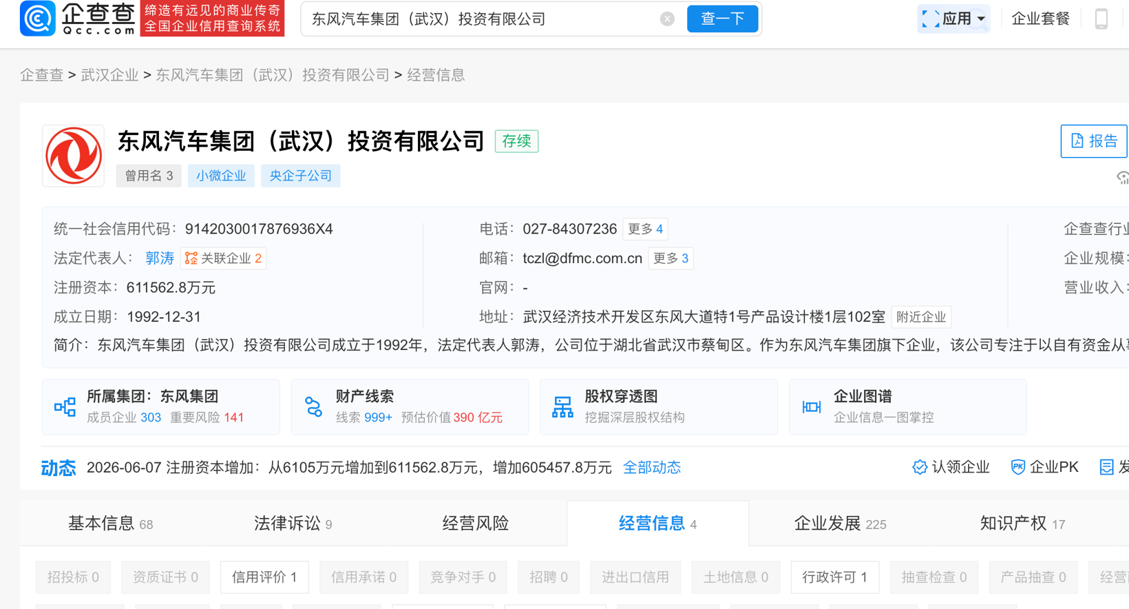 东风武汉投资公司注册资本暴增至61.2亿元