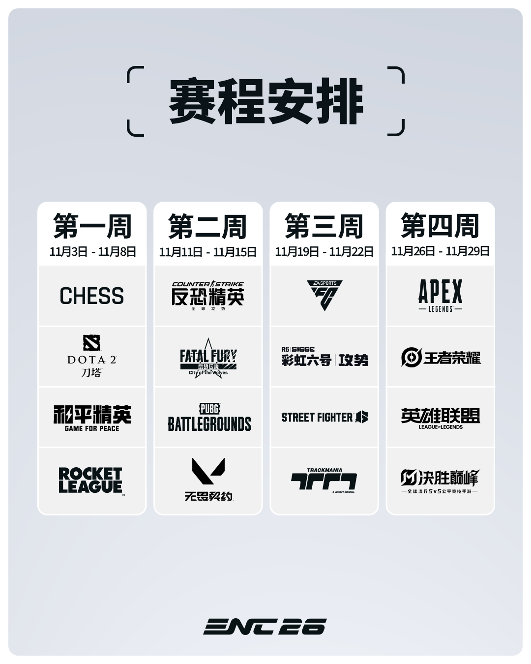 首届电竞世界杯（ENC）项目赛程安排确认，11 月 3~29 日举行 