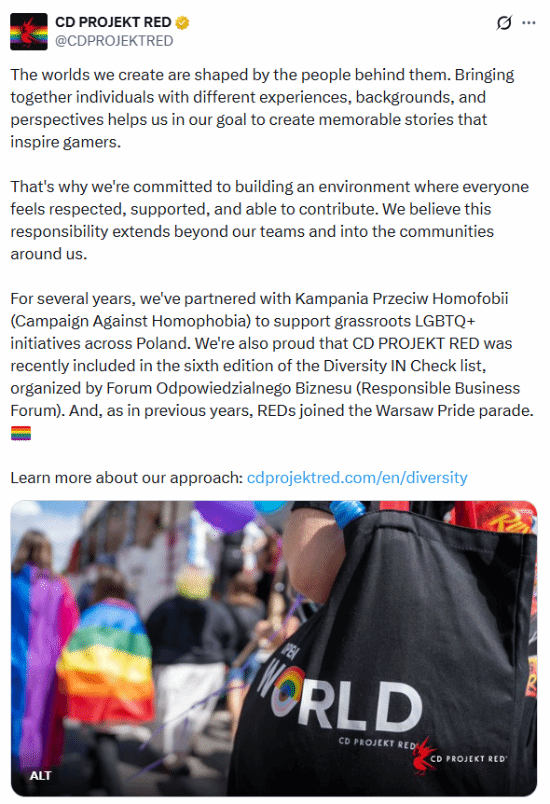 《巫师4》要遭殃了吗 开发商CDPR公开支持LGBT！ 