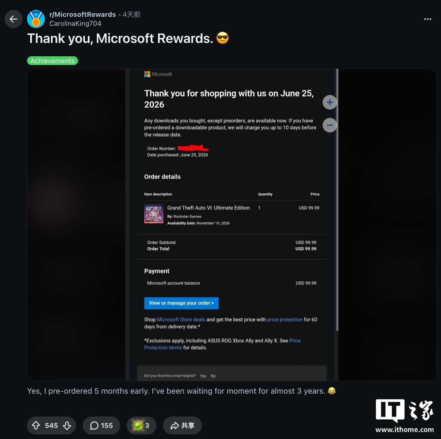 “白嫖”99.99 美元游戏：Xbox 玩家晒利用微软 Rewards 积分免费换取《GTA 6》终极版 