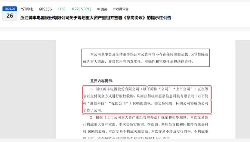 *ST帅电跨界收购惠嘉科技：保壳、保壳，还是保壳