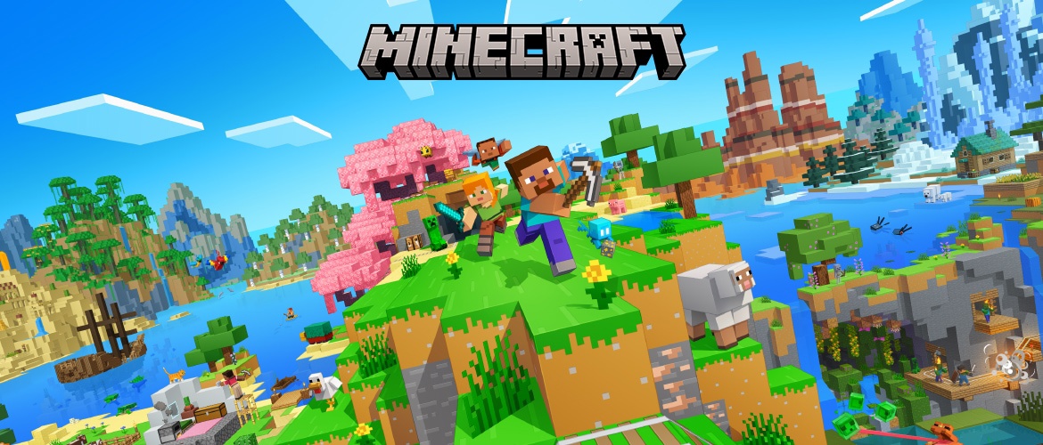 和 Java 版相隔 10 年,基岩版《我的世界》游戏引入支持封闭字幕 Minecraft promotional artwork showing Steve and Alex running across a grassy Overworld biome. A cherry blossom tree, sheep, creeper, and other mobs appear around them beneath the Minecraft logo.