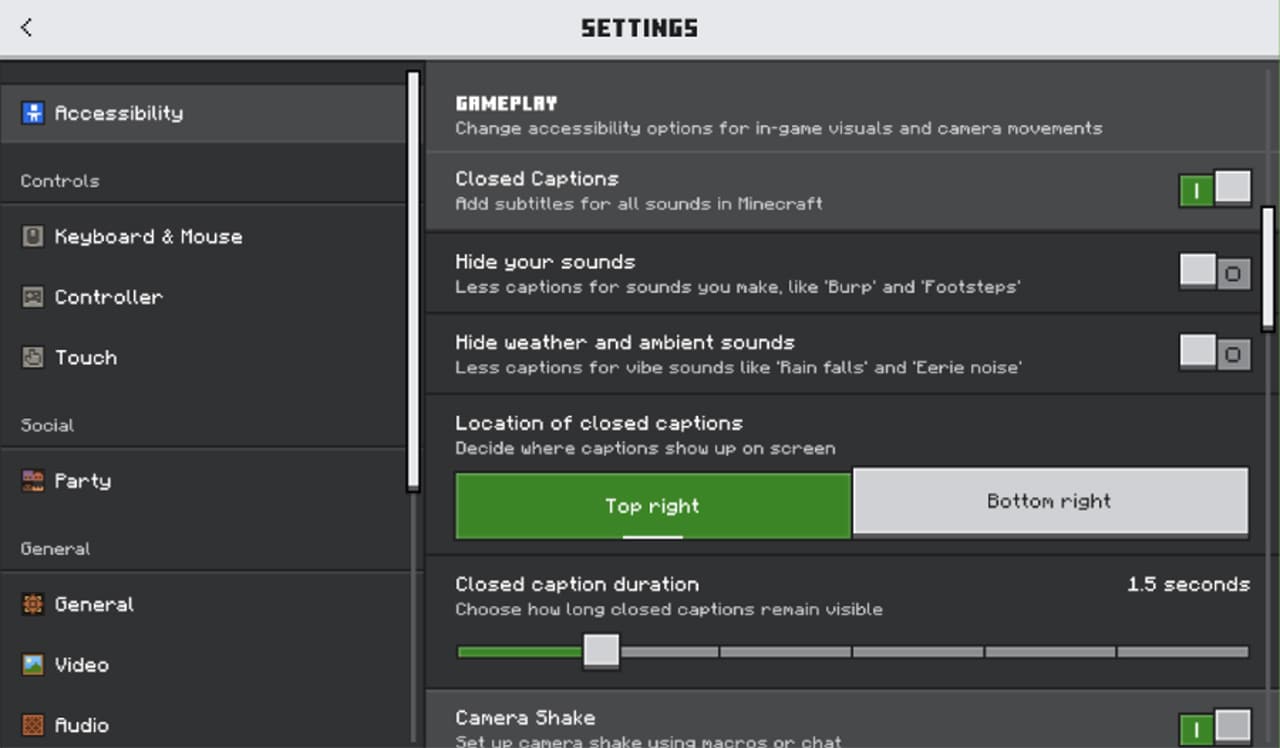 和 Java 版相隔 10 年,基岩版《我的世界》游戏引入支持封闭字幕 Minecraft Bedrock Edition Accessibility Settings menu showing Closed Captions options, including caption visibility, screen position, duration, and sound filtering settings.
