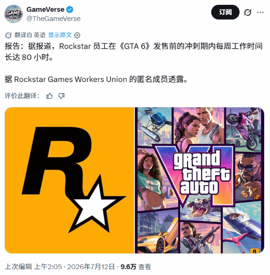  GTA6发售前R星一周超八十小时工作时间！