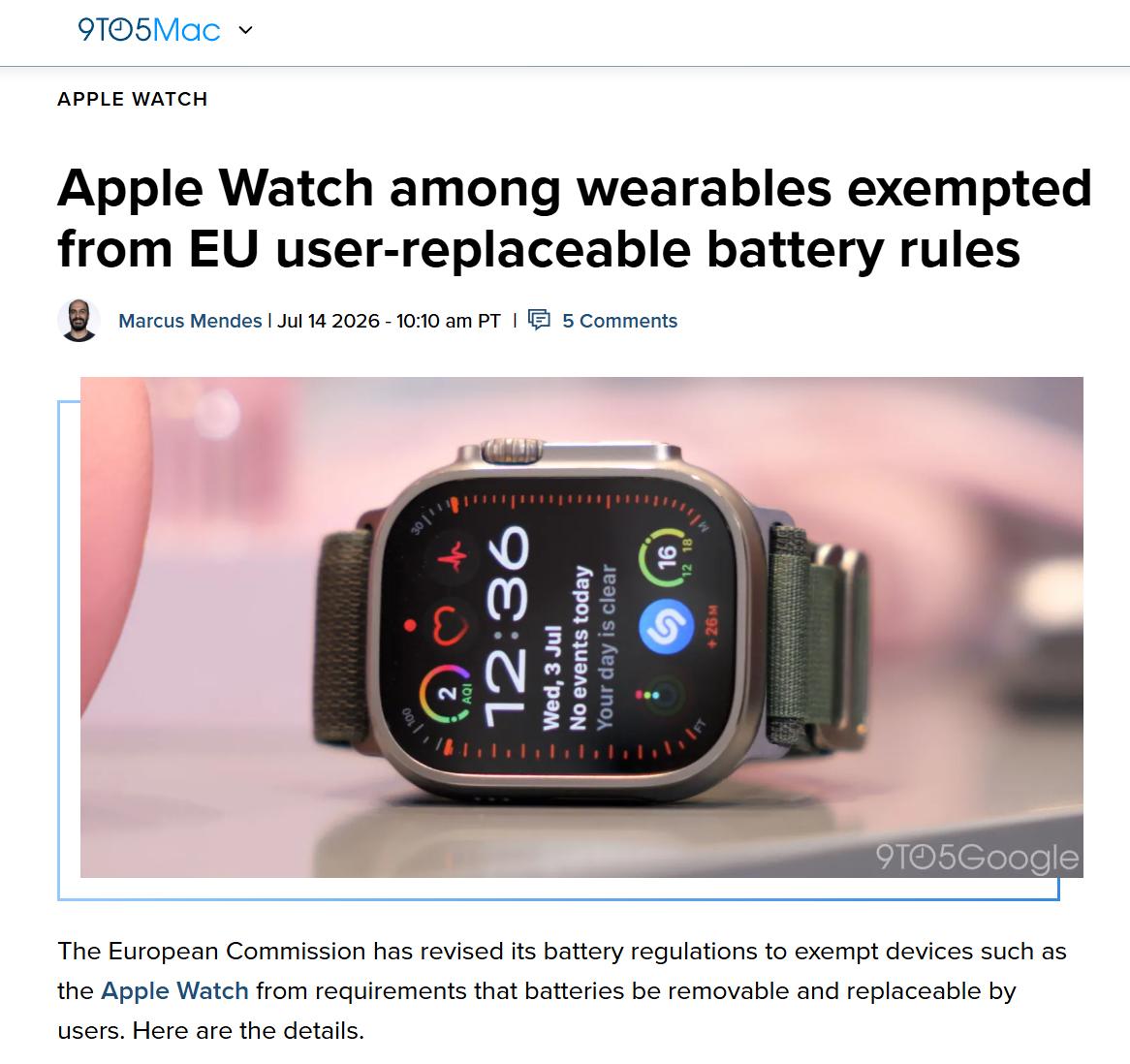 欧盟“妥协”：AppleWatch等设备豁免可拆卸电池