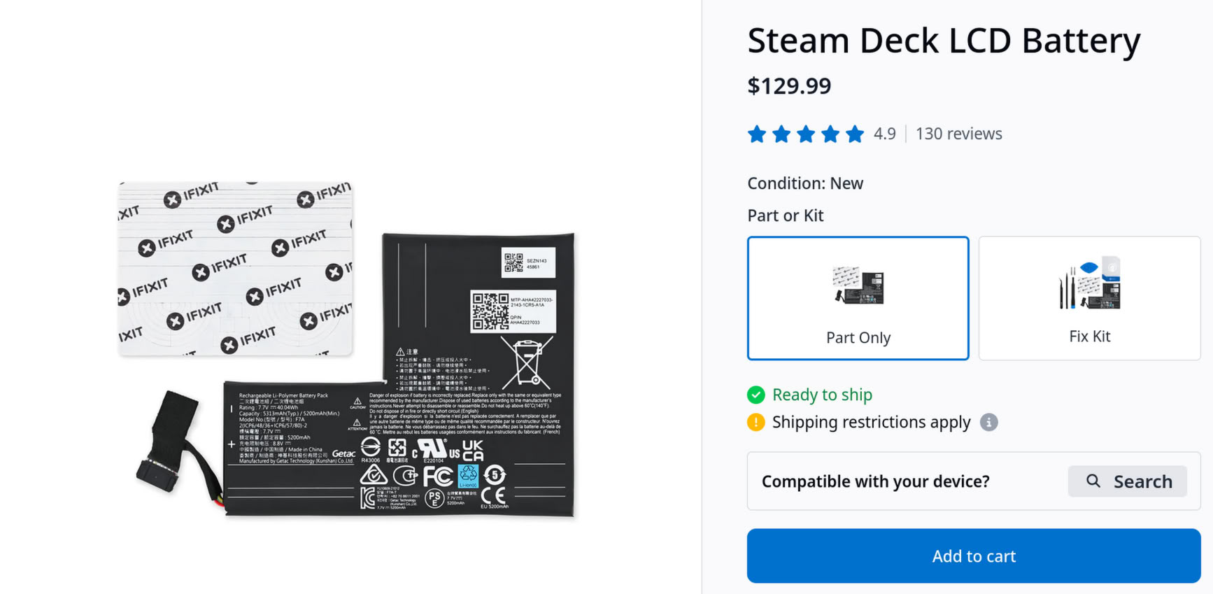 62.51% 涨幅:iFixit 重上架 Steam Deck LCD 电池零件,售 129.99 美元