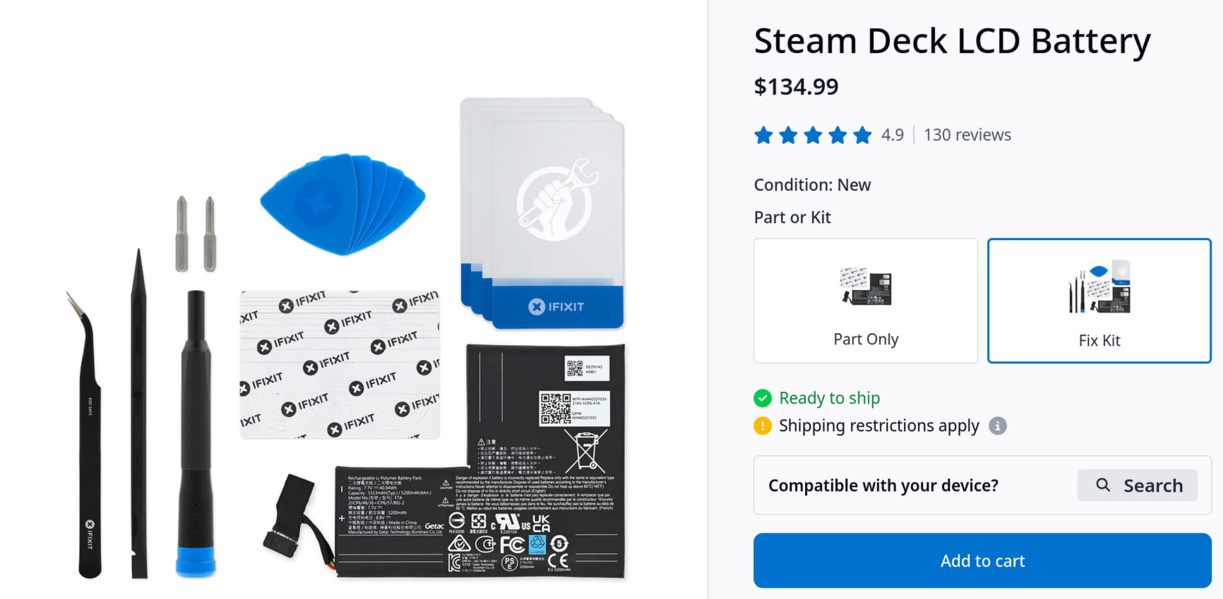 62.51% 涨幅：iFixit 重上架 Steam Deck LCD 电池零件，售 129.99 美元 