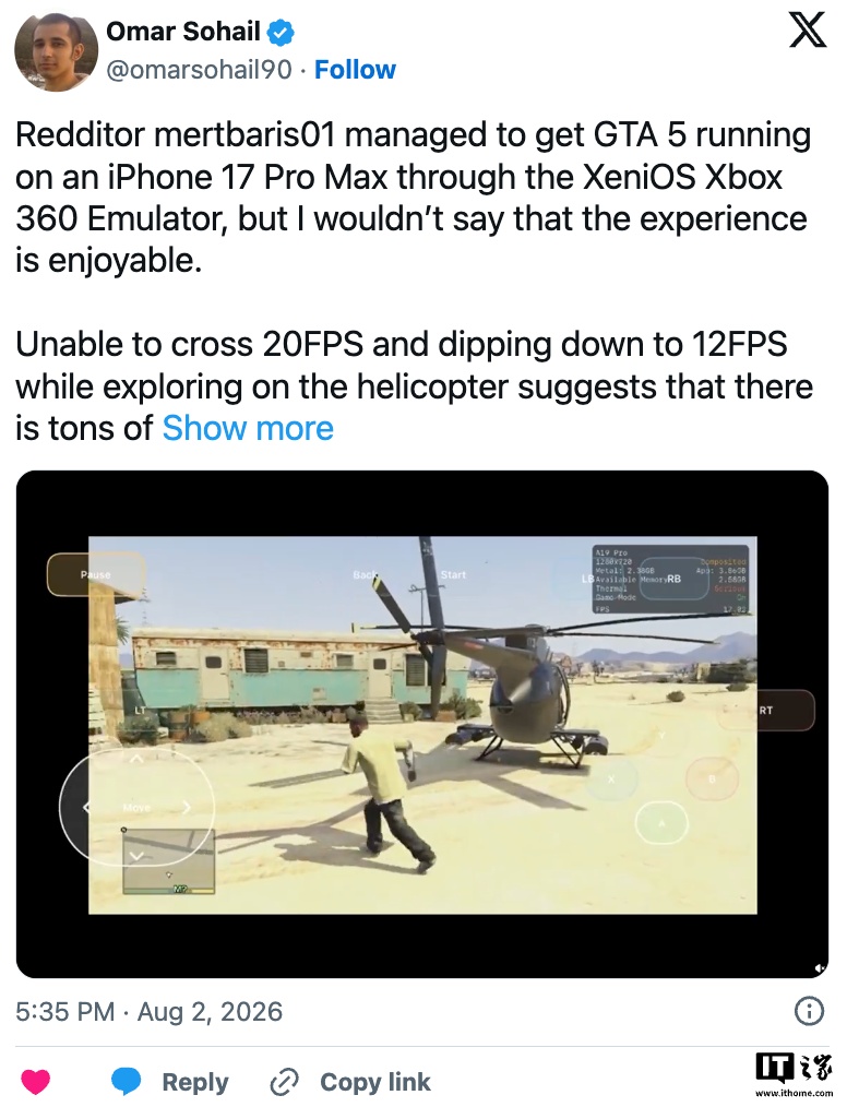 爱好者利用微软 Xbox 360 模拟器 XeniOS，成功在苹果 iPhone 17 Pro Max 上运行《GTA 5》 